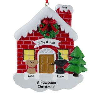 Image of Christmasy Red BRICK House With 2 Dogs Personalized Ornament