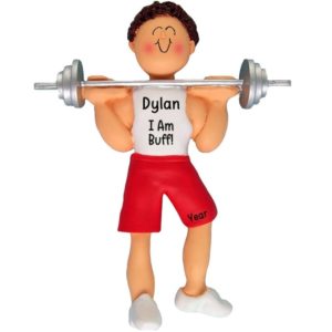 Image of Guy Lifting Weights I Am Buff Ornament BROWN Hair