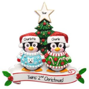 Image of Twins' 2nd Christmas Penguins Dressed In Ugly Sweaters Ornament
