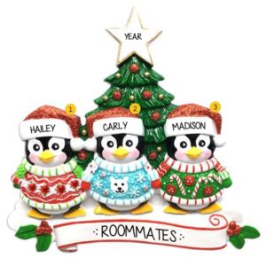 Image of Personalized 3 Roommates Penguins Wearing Ugly Sweaters Ornament