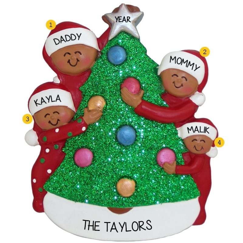 African American Family Of 4 Decorating Christmas Tree Ornament ...