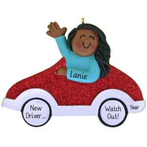 Image of Personalized Girl New Driver Red Car Ornament AFRICAN AMERICAN