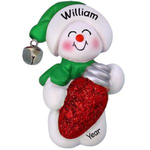 Image of Personalized Snowman Holding Red Glittered Bulb Ornament