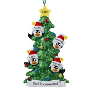 Image of Personalized 4 Roommates Penguins Glittered Tree Ornament
