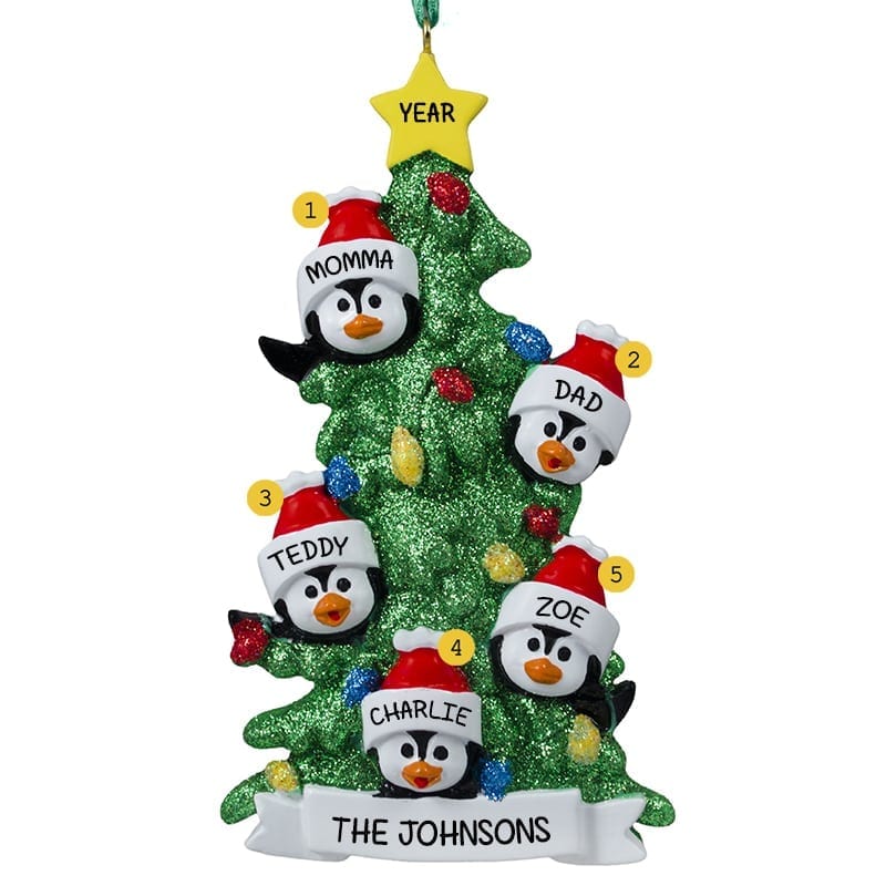 Personalized Family Of 5 Penguins Glittered Tree Ornament ...