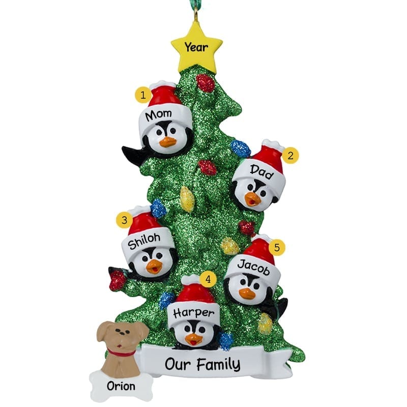 Personalized Family Of 5 + 1 Pet Penguins Glittered Tree Ornament ...