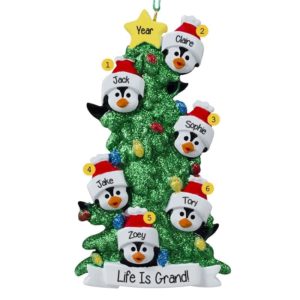 Image of Personalized 6 Grandkids Penguins Glittered Tree Ornament