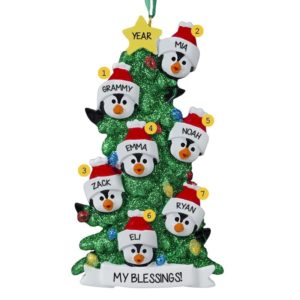 Image of Single Grandparent + 6 Grandkid Penguins Glittered Tree Ornament