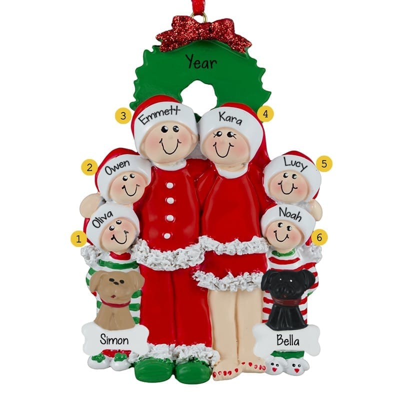 Christmas Eve Family Of 6 In PJs + 2 Dogs Ornament | Personalized ...