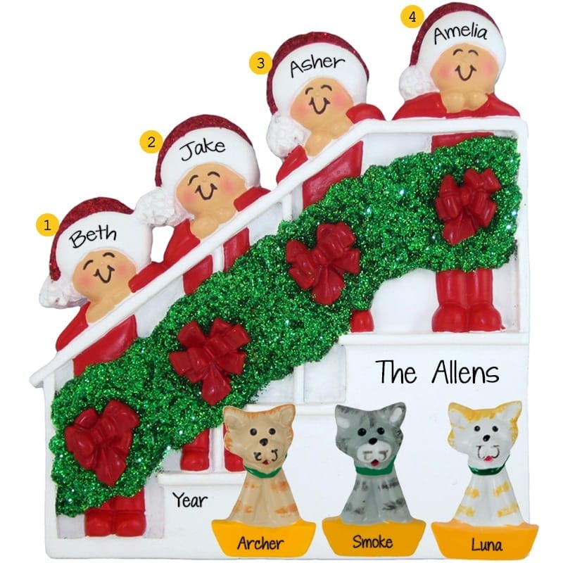 Family Of 4 With 3 Pets - Personalized Ornaments For You
