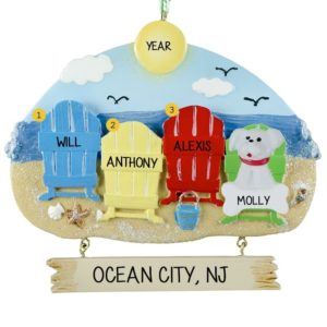 Image of Beach Family Of 3 With Dog Adirondack Chairs Ornament