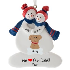 Image of Chicago Cubs Couple + Dog Personalized Ornament BLUE & RED