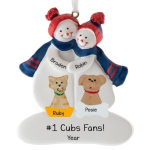 Image of Chicago Cubs Couple + 2 Pets Personalized Ornament BLUE & RED