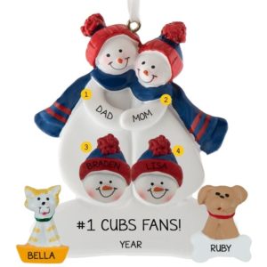 Image of Chicago Cubs Snow Family of 4 +2 Pets BLUE & RED Ornament