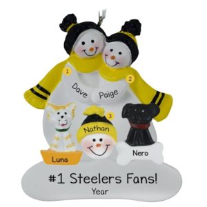 Image of Pittsburgh Steelers Snow Family Of 3 + 2 Pets BLACK & YELLOW Ornament