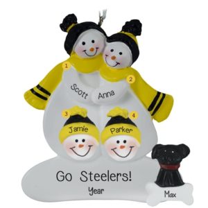 Image of Steelers Snow Family Of 4 With Dog BLACK And YELLOW Ornament