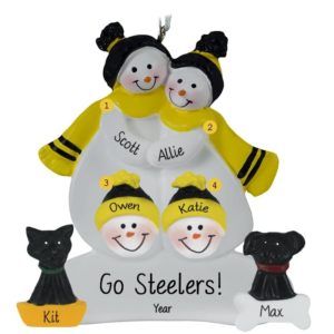 Image of Steelers Snow Family Of 4 + 2 Pets BLACK & YELLOW Ornament