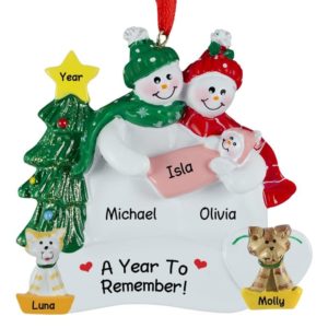 Image of Personalized New Parents Holding Baby GIRL With 2 CATS Ornament
