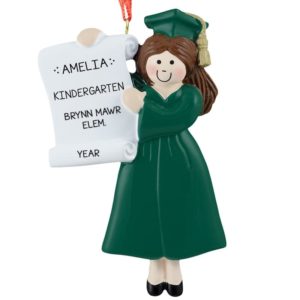 Image of Personalized Preschool / Kindergarten Girl Graduate GREEN Robe Ornament BRUNETTE
