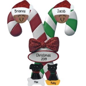 Image of Personalized African American Couple + 2 Pets On Candy Cane Personalized Ornament