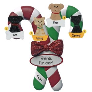 Image of Personalized 4 Pets On Candy Cane Glittered Bow Ornament