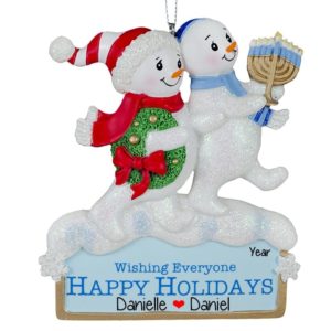 Image of Hanukkah And Christmas Snowmen Wreath & Menorah Ornament