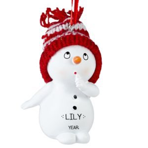 Image of Snowman Wearing Knitted Hat Finger At Mouth 3-D Ornament