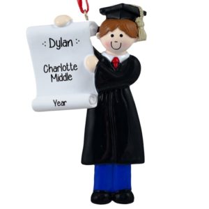 Image of Male Middle School Graduate BLACK Robe Holding Diploma Ornament BROWN Hair