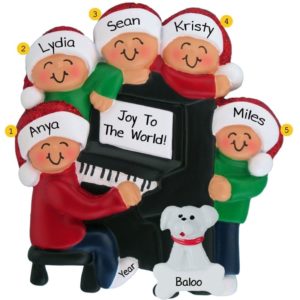 Image of Personalized Family Or Group Of 5 + Pet Around Piano Ornament