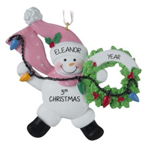 Image of Girl's 3rd Christmas PINK Snowbaby With Christmas Lights Ornament
