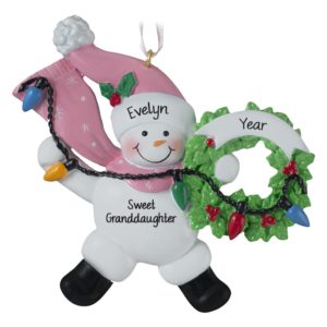 Image of Personalized Sweetest Granddaughter PINK Snowman With Lights Ornaments