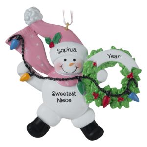 Image of Personalized Niece PINK Snowman Christmas Lights Ornament