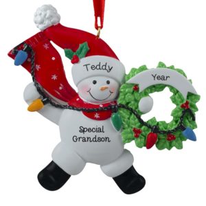 Image of #1 Grandson RED Snowman With Christmas Lights Ornament