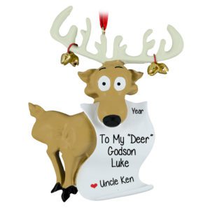 Image of Personalized Godson Deer Holding Scroll Christmas Ornament