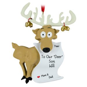 Image of Personalized Son Deer Holding Scroll Christmas Ornament