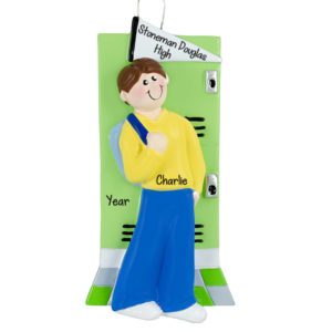 Image of Personalized High School Boy At Locker Ornament BROWN Hair