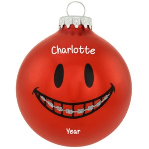 Image of Personalized Smile Face With Braces RED Glass Ornament