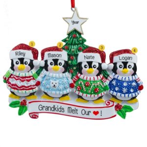 Image of Personalized 4 Grandkids Penguins Dressed In Ugly Sweaters Ornament