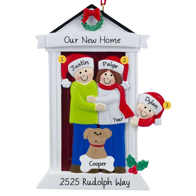 Personalized New Home Door Family Of 3 With Pet Ornament BRUNETTE ...