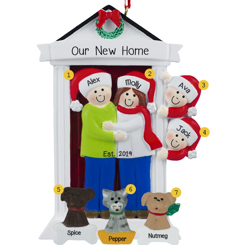 New Home Door Family Of 4 + 3 Pets Ornament - Personalized Ornaments ...