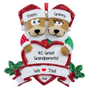 Image of Personalized Great Grandparents Brown Bears Holding Glittered Heart Ornament