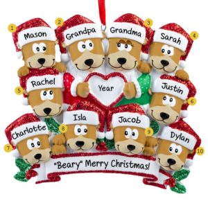 Image of Grandparents + 8 Grandkids Bears Glittered Christmas Ornament