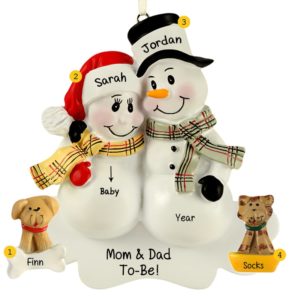 Image of Expecting Snow Couple + DOG + CAT Personalized Ornament
