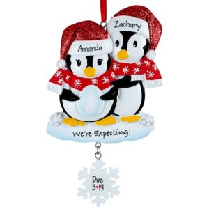 Image of Personalized We're Expecting Penguin Couple Dangling Flake Ornament