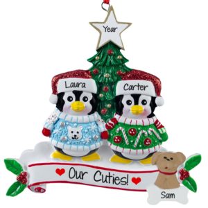 Image of Personalized 2 Kids With Their Dog Penguins Ornament