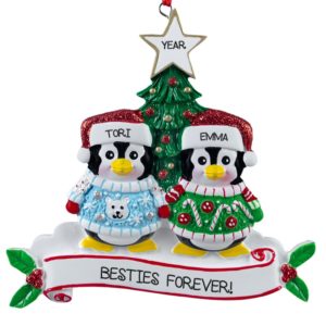 Image of Personalized 2 Best Friends Penguins Wearing Ugly Sweaters Ornament