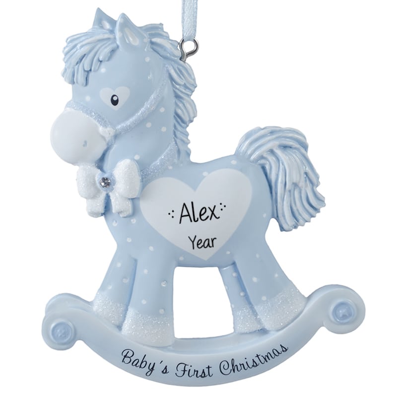First Christmas Grandson tree decoration wooden rocking horse handcrafted personalised on a greetings card