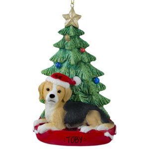 Image of Personalized Beagle Dog With Christmas Tree Personalized Ornament And Table Top Decoration