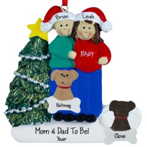 Image of EXPECTING Couple With 2 DOGS Ornament BRUNETTE Female