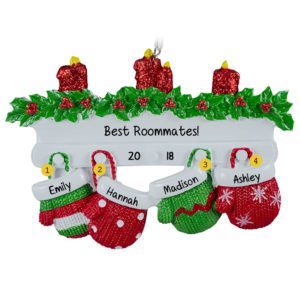 Image of Personalized 4 Roommates Mittens on Mantle Ornament RED & GREEN